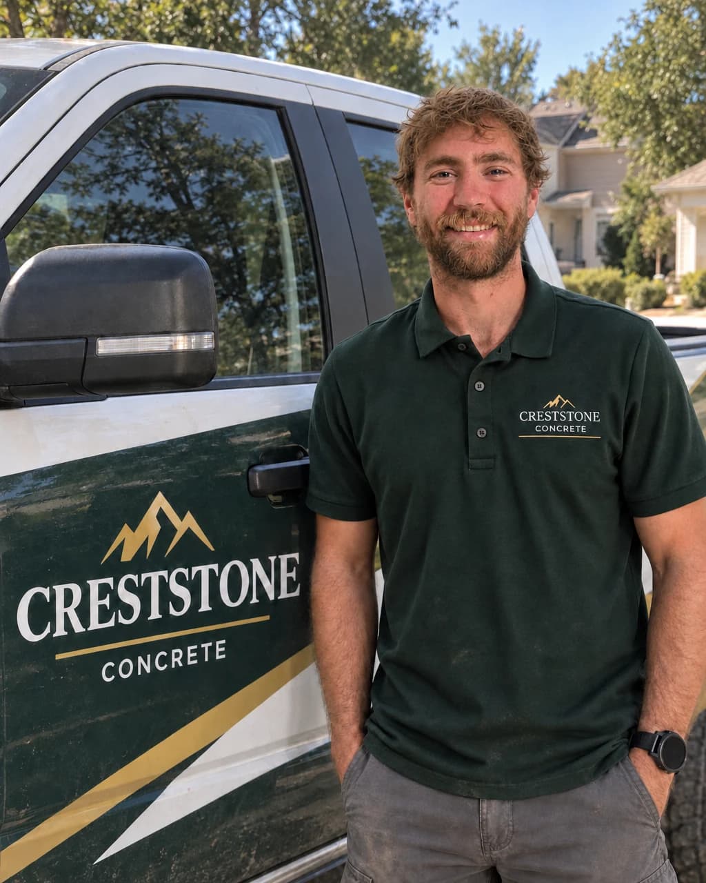 John Richey wearing a CrestStone Concrete polo beside a branded work truck.